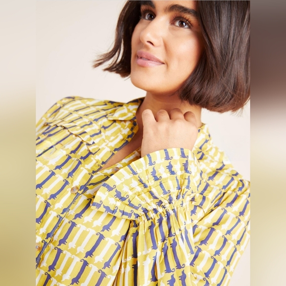 Anthropologie Maeve Dachsund Dog Print Buttondown Blouse Size 0  Weiner Dog - Picture 2 of 8